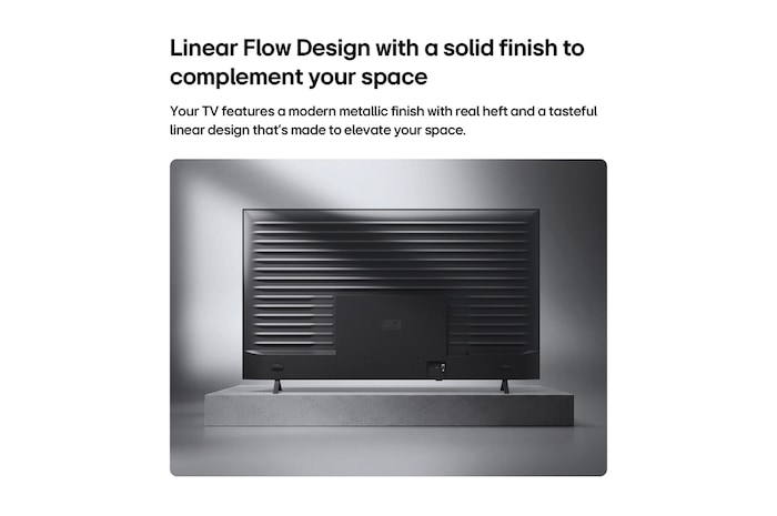 LG QNED AI QNED75 Mini LED is shown from the back, revealing a metallic rear panel with evenly spaced horizontal ridges that create a clean, structured look and emphasize the Linear Flow Design across the entire surface.
